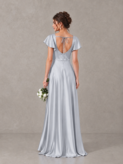 BOLODOO Silver Satin Square Neck Flutter Sleeve A-Line Bridesmaid Dress with Slit - Silver - Silver_2