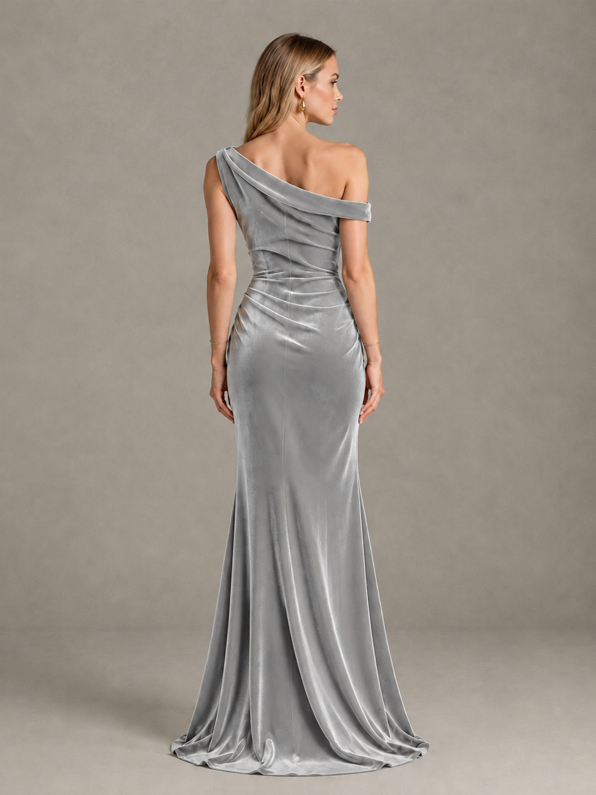 BOLODOO Silver One-Shoulder Velvet Mermaid Evening Gown - Silver - Silver_2