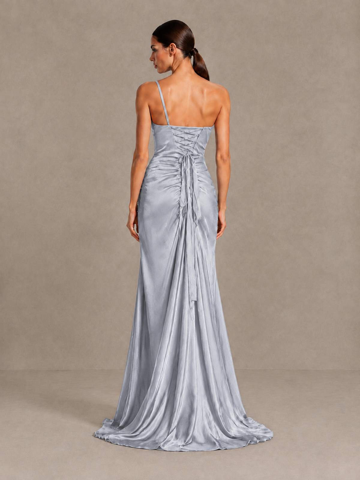 BOLODOO Silver One Shoulder Satin Evening Gown with High Slit and Sweep Train - Silver - Silver_2