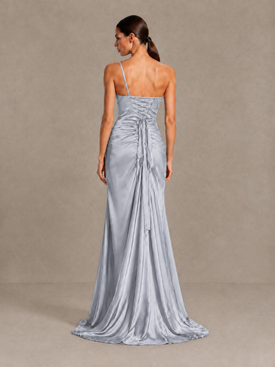 BOLODOO Silver One Shoulder Satin Evening Gown with High Slit and Sweep Train - Silver - Silver_2
