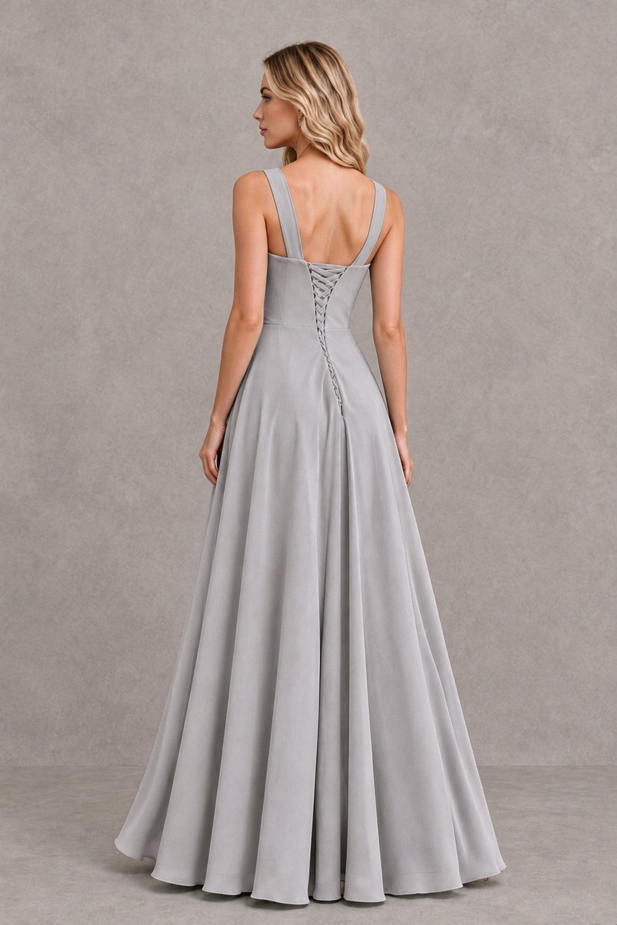 BOLODOO Silver Square Neck Ruffle A-Line Bridesmaid Dress with Slit - Silver - Silver_2
