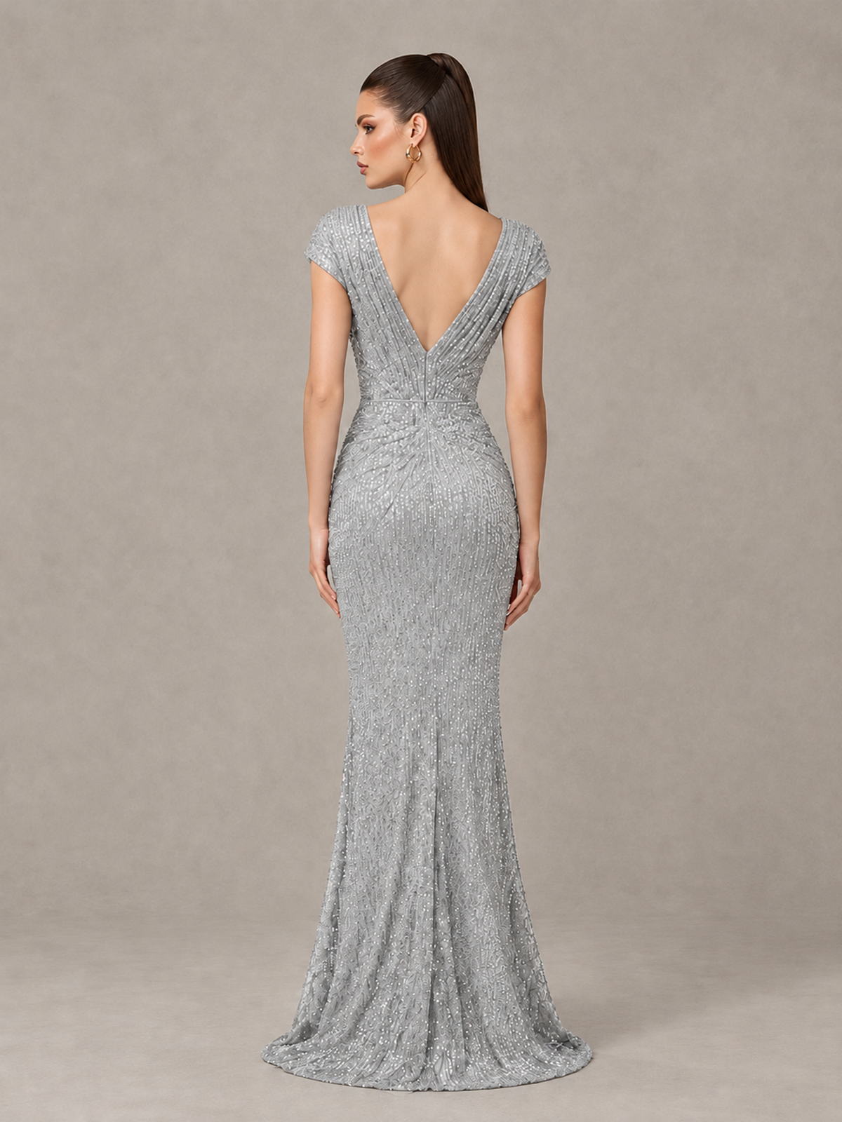 BOLODOO Silver Glitter V-Neck Cap Sleeve Ruched Mermaid Evening Gown - Silver - Silver_2