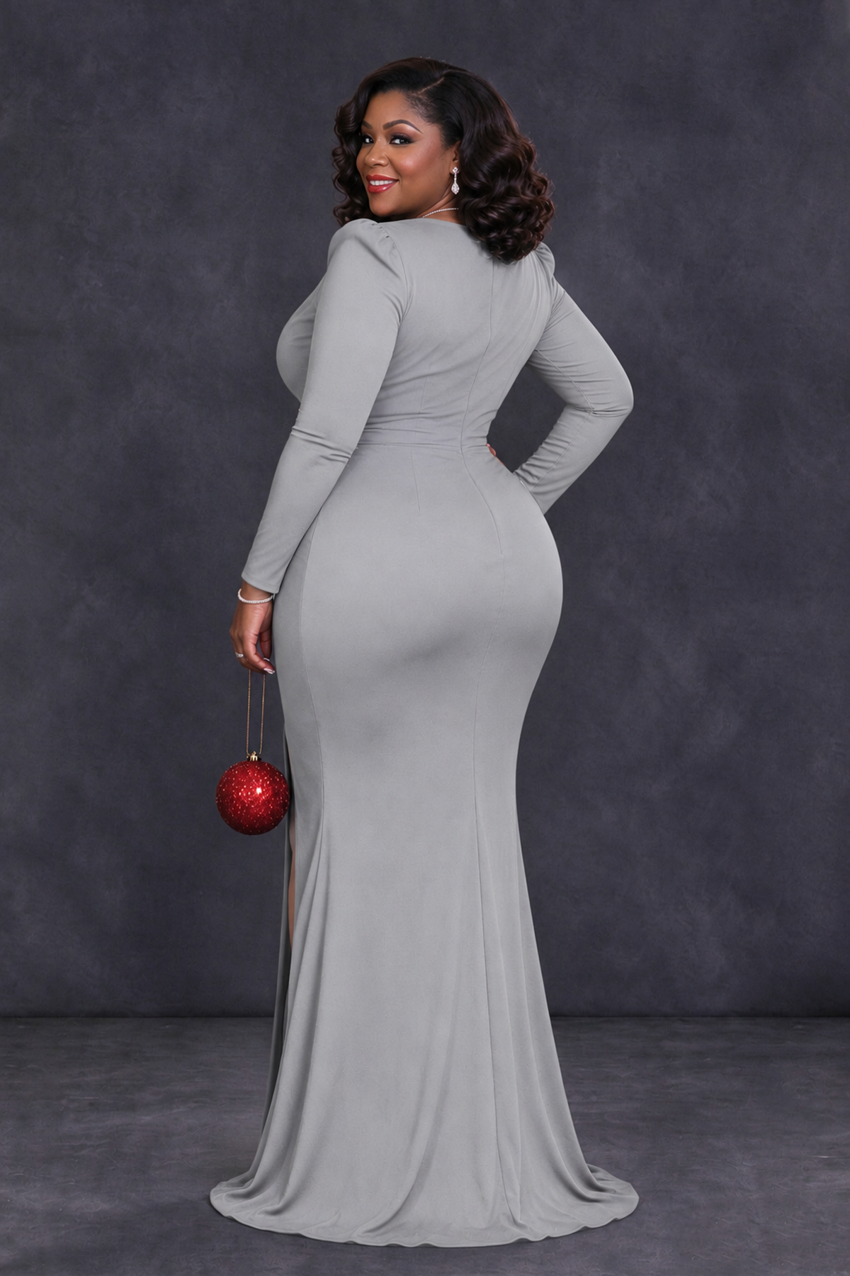 BOLODOO Silver Plus Size Long Sleeve V-Neck Mother of the Bride Dress with Slit - Silver - Silver_2