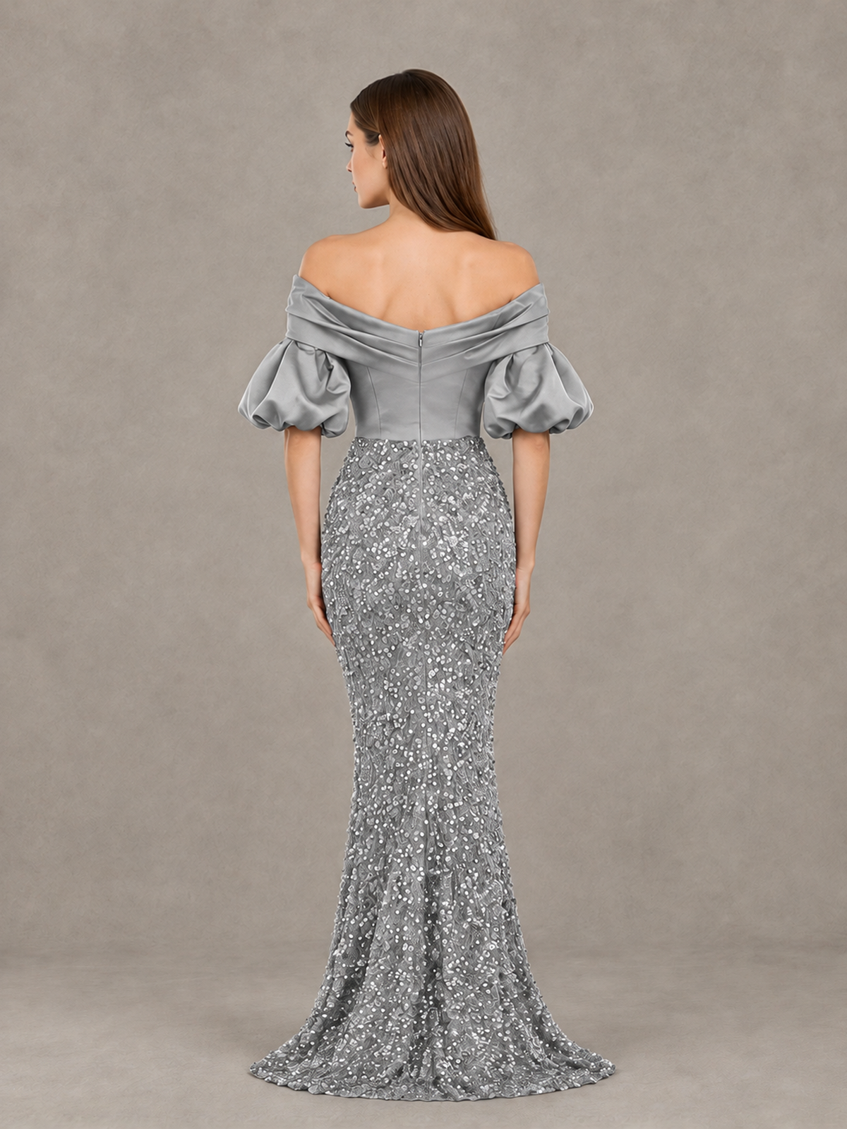 BOLODOO Silver Off-Shoulder Puff Sleeve Sequin Mermaid Evening Dress - Silver - Silver_2