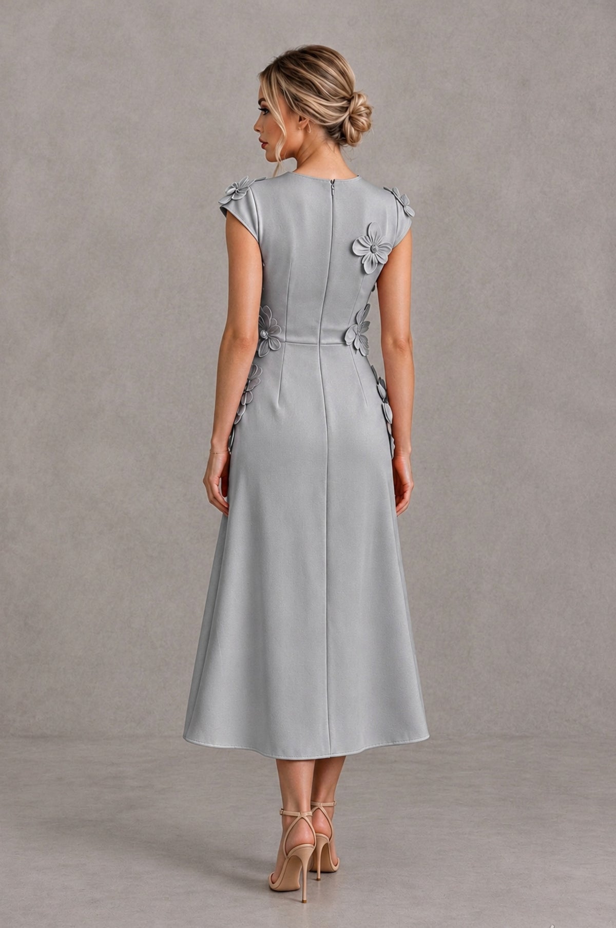 BOLODOO Silver 3D Floral Cap Sleeve Midi Cocktail Dress - Silver - Silver_2