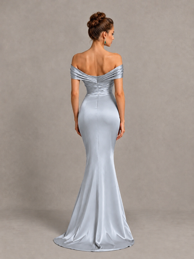 BOLODOO Silver Off-Shoulder Satin Mermaid Prom Dress - Silver - Silver_2