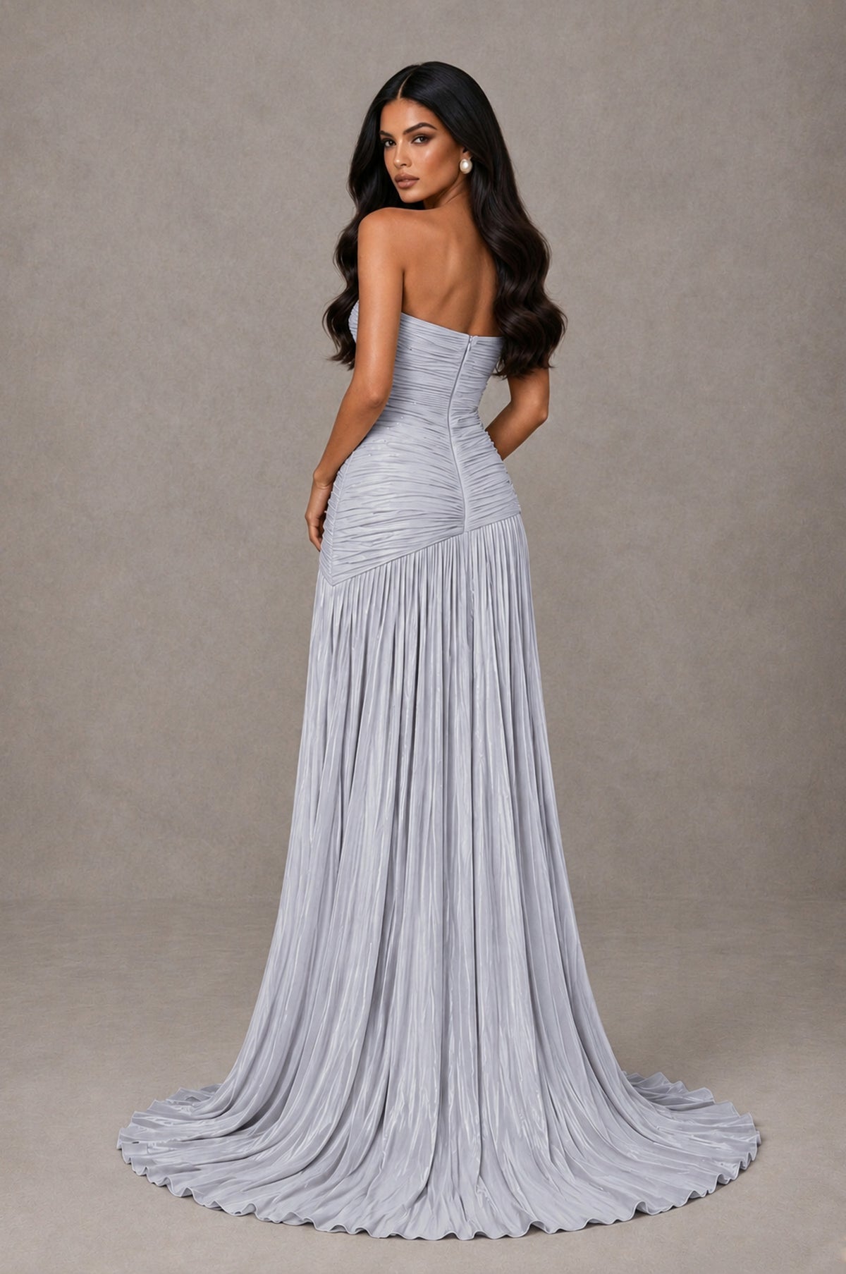 BOLODOO Silver Metallic Ruched Strapless Pleated A-Line Backless Maxi Dress with Train - Silver - Silver_2