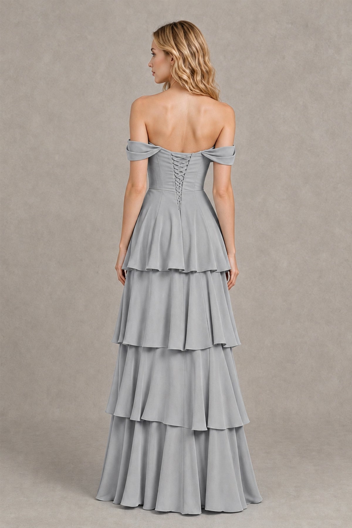 BOLODOO Silver Off-the-Shoulder Tiered A-Line Evening Bridesmaid Dress - Silver - Silver_2