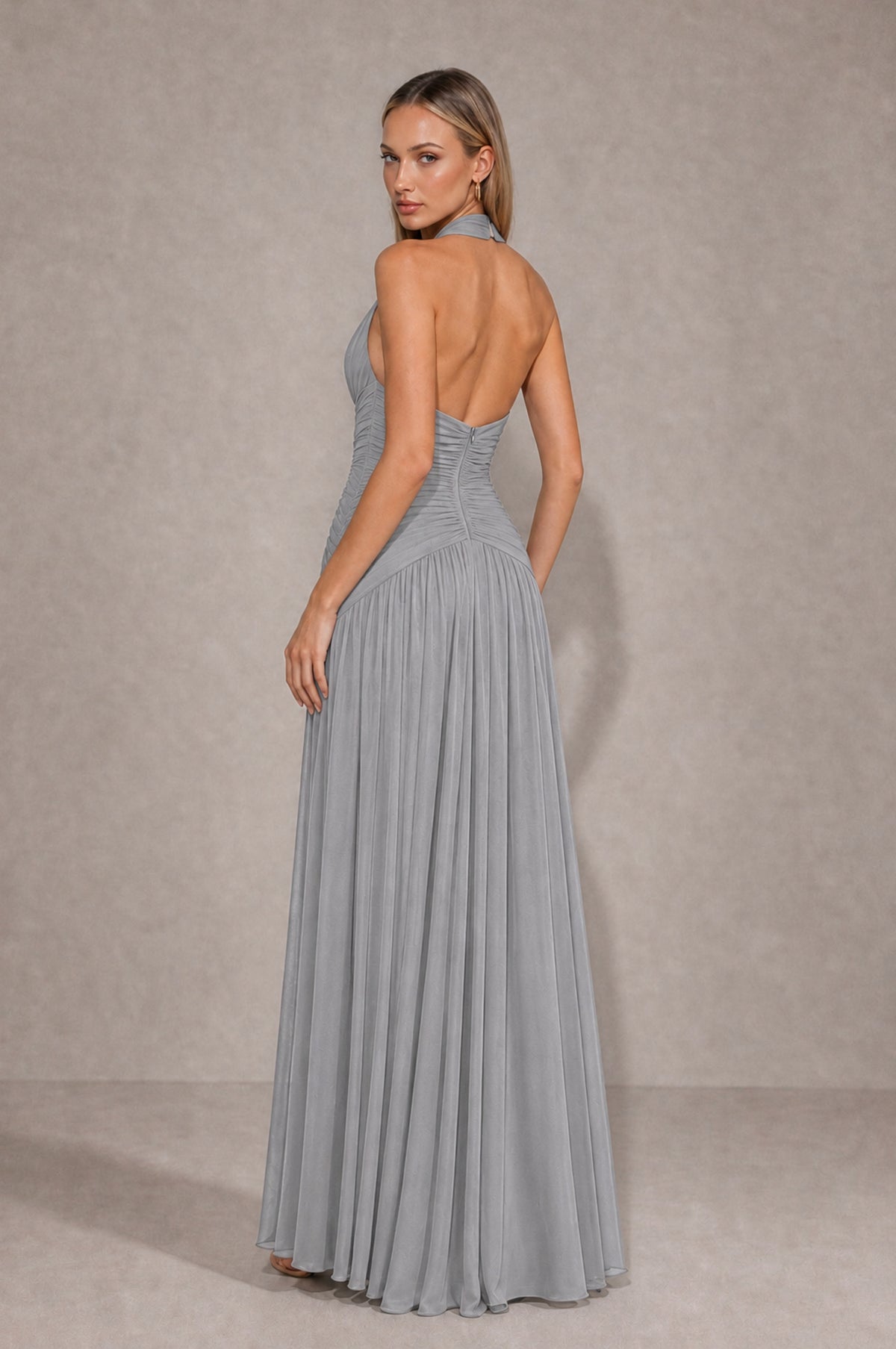 BOLODOO Silver Chiffon Halter Deep V-Neck Ruched A-Line Backless Maxi Dress with Train-BD0167 - Silver - Silver_2
