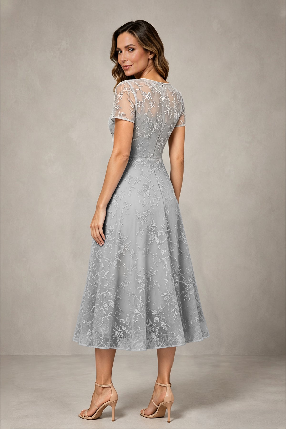 BOLODOO Silver Textured Floral A-Line Dress with Short Sleeves - Silver