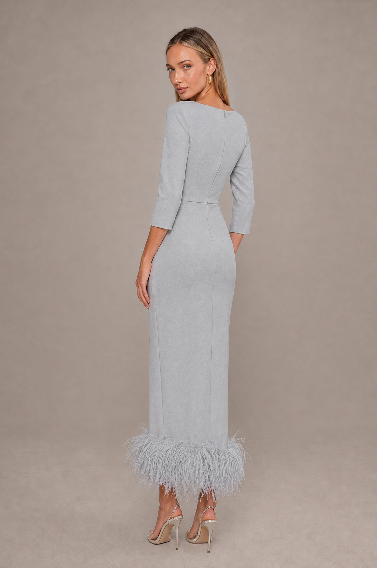 BOLODOO Silver Feather-Trim Twist-Waist Midi Dress - Silver - Silver_2