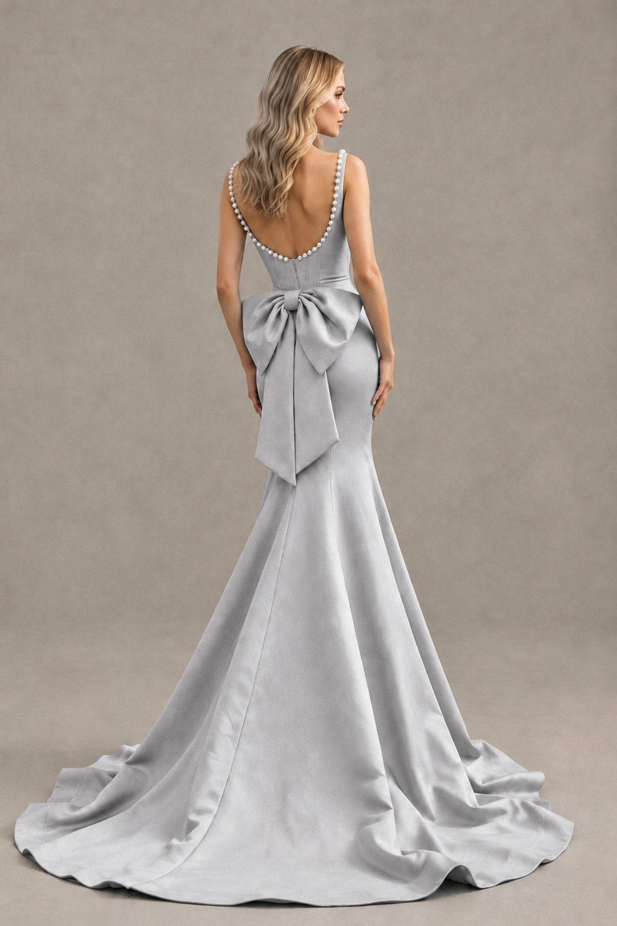 BOLODOO Silver Pearl-Trim Mermaid Prom Dress with Back Bow - Silver - Silver_2