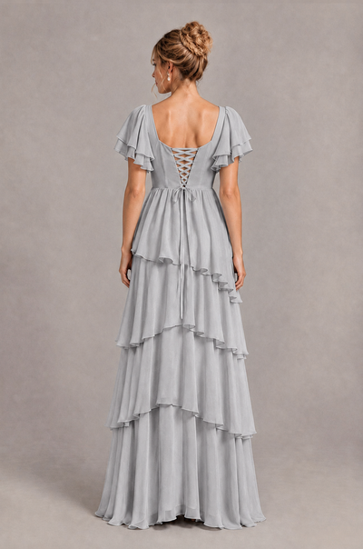 BOLODOO Silver Square Neck Flutter Sleeve Tiered Chiffon Bridesmaid Dress with Lace-Up Back - Silver - Silver_2
