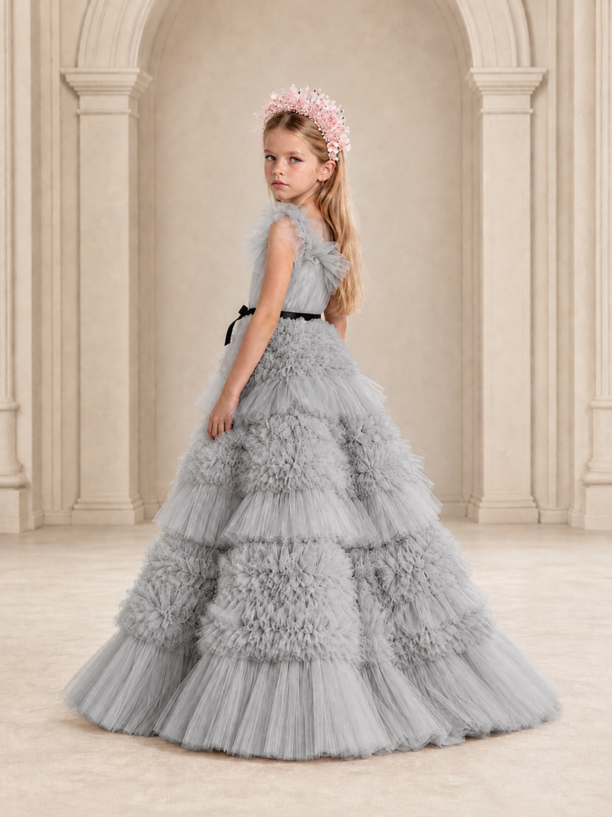 BOLODOO Silver Tiered Tulle Flower Girl Dress with Floral Appliques - Silver - Silver_2