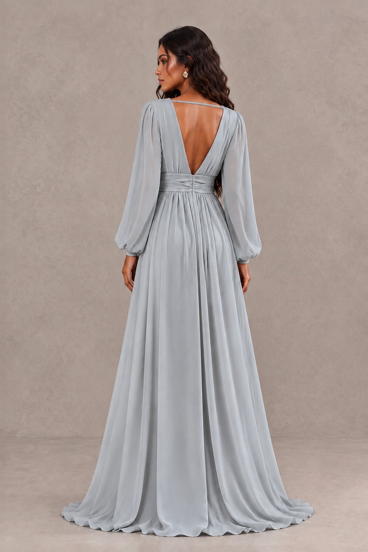 BOLODOO Silver Long Sleeve V-Neck A-Line Gown with Open Back & Slit - Silver - Silver_2