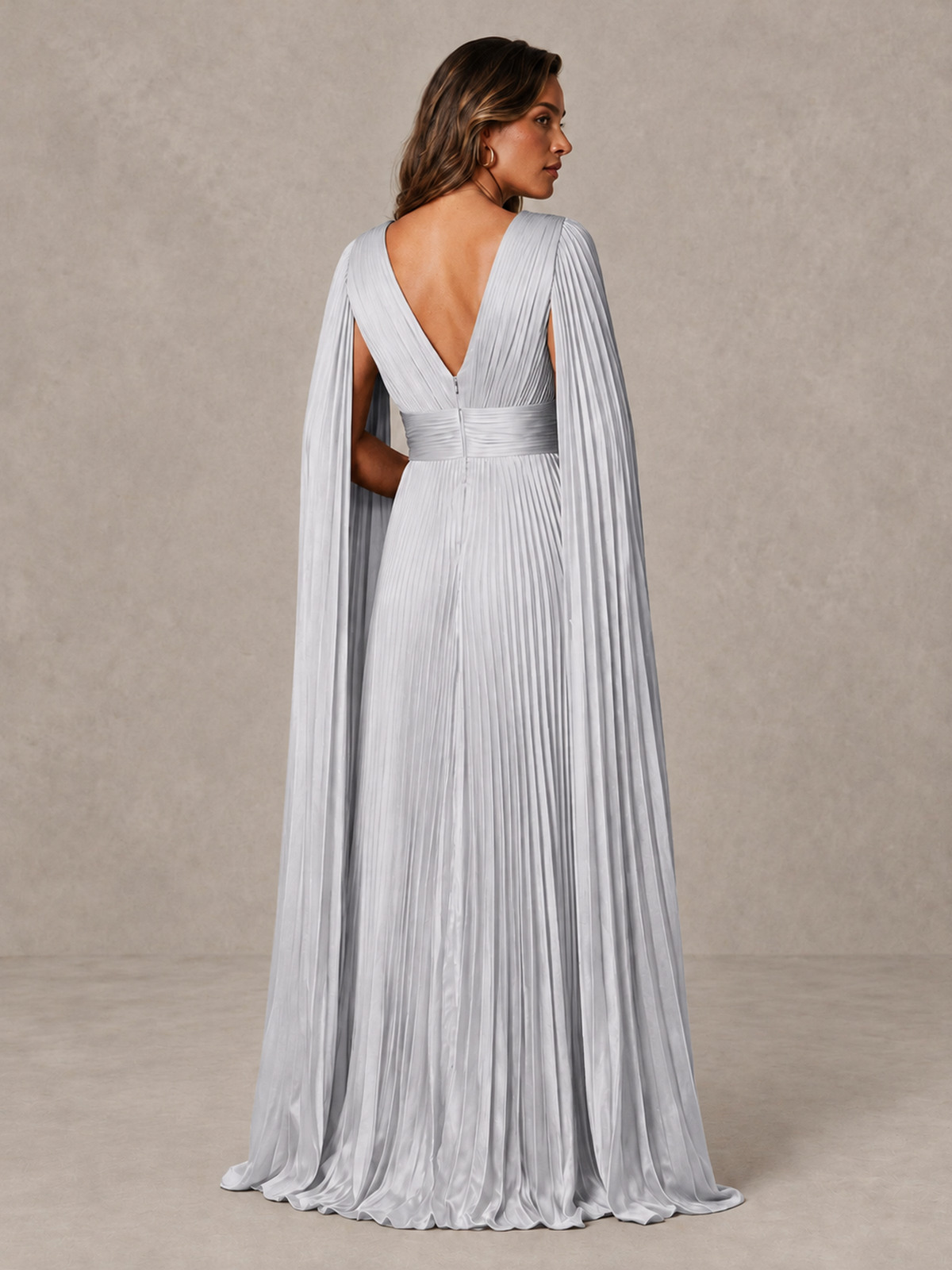 BOLODOO Silver Deep V-Neck Pleated Cape Sleeve Evening Gown - Silver - Silver_2
