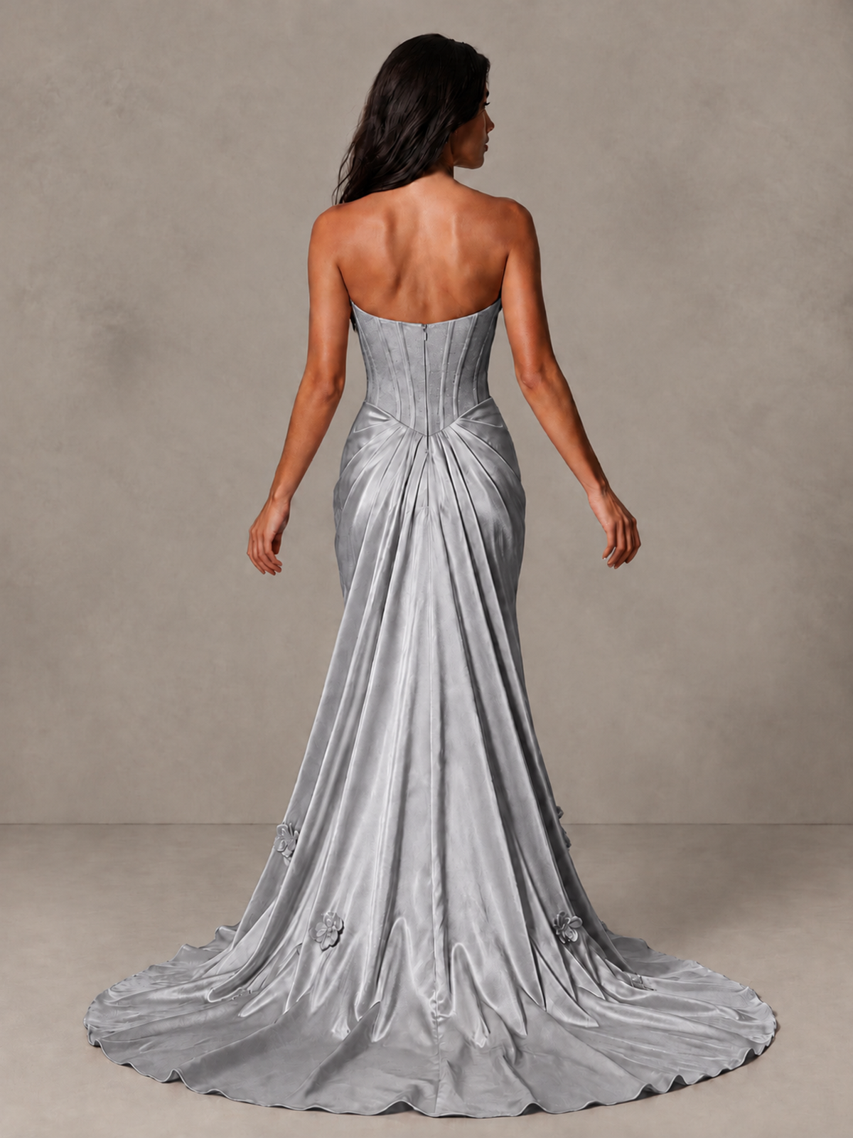 BOLODOO Silver Strapless Floral Corset Evening Gown with Train - Silver - Silver_2