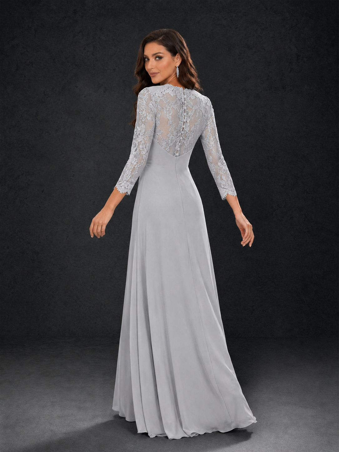 BOLODOO Silver Lace Sleeve V-Neck Floral Waist Chiffon A-Line Maxi Dress - Silver