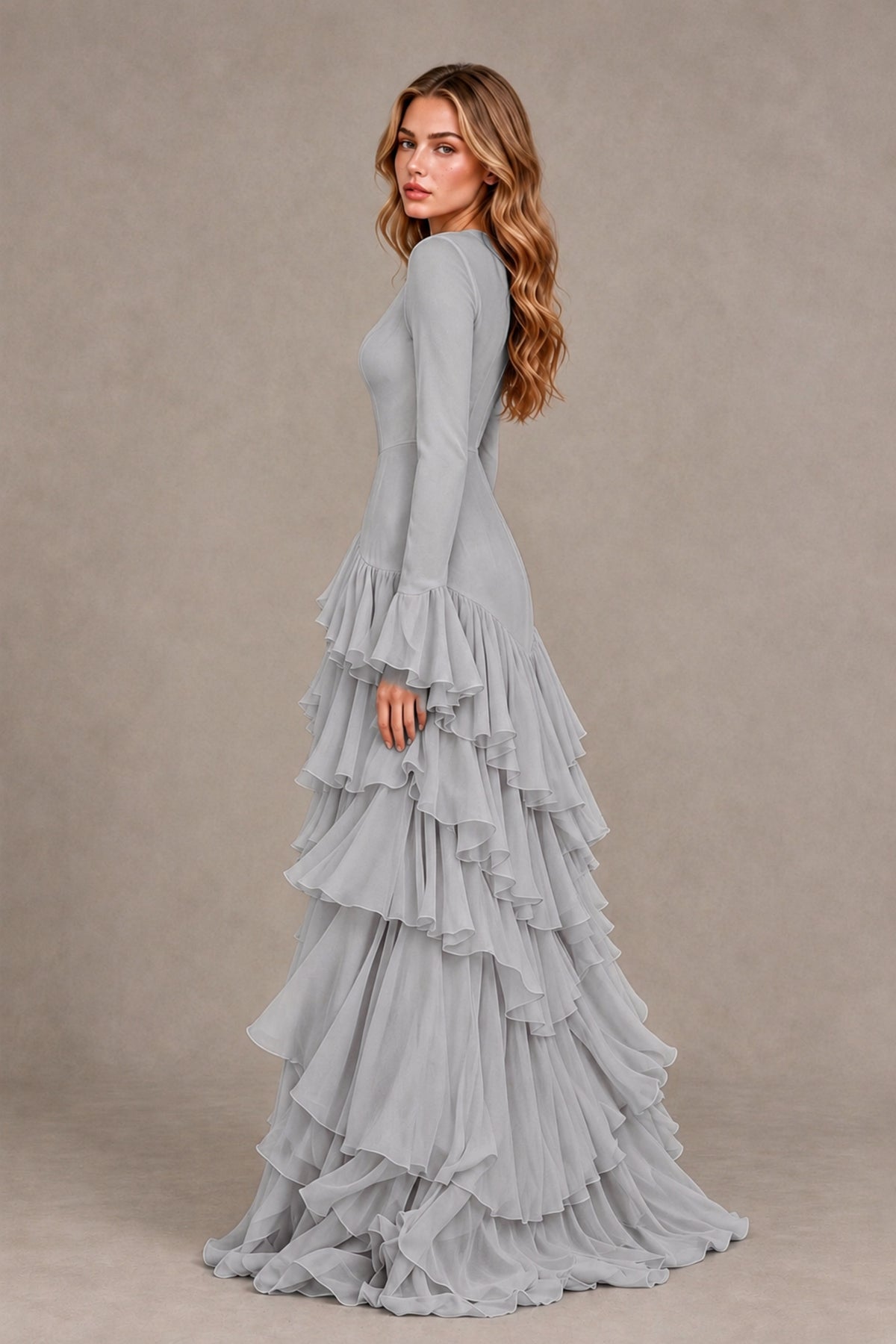 Silver Long Sleeve Tiered Ruffle Evening Gown - Silver - Silver_2