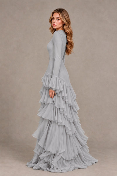 Silver Long Sleeve Tiered Ruffle Evening Gown - Silver - Silver_2