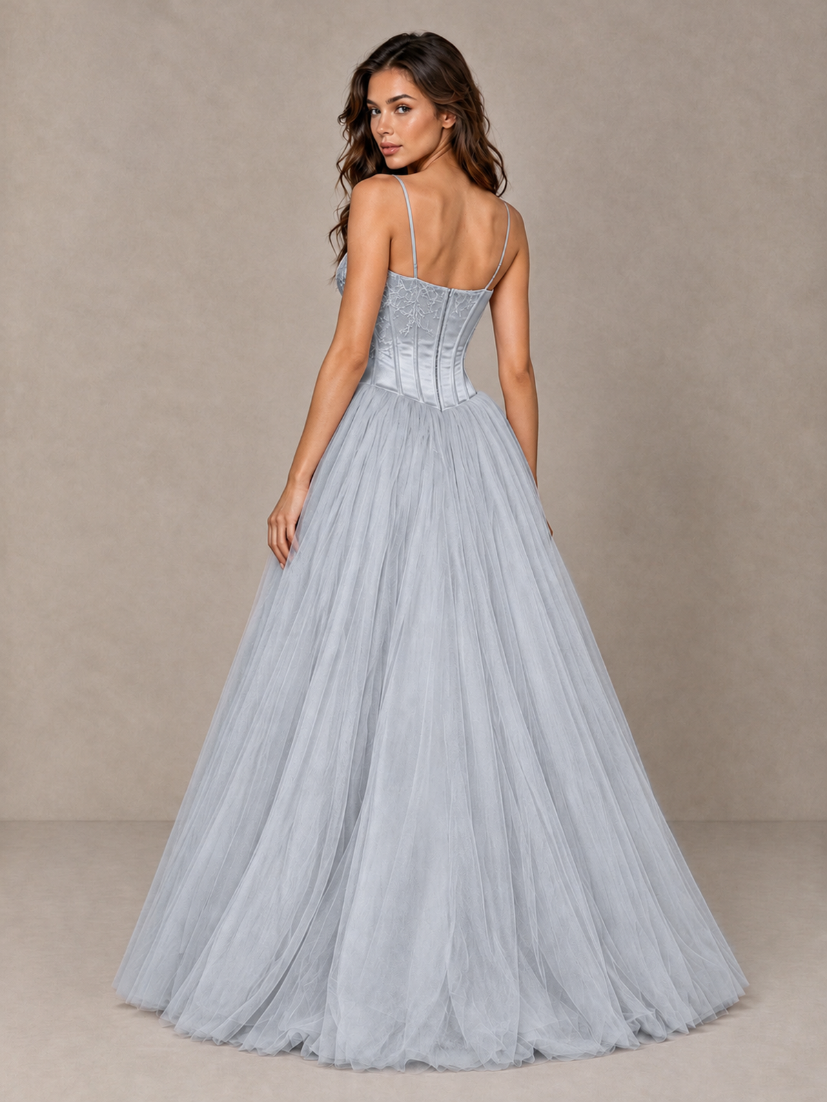 BOLODOO Silver Corset Tulle Prom Dress with Spaghetti Straps - Silver - Silver_2