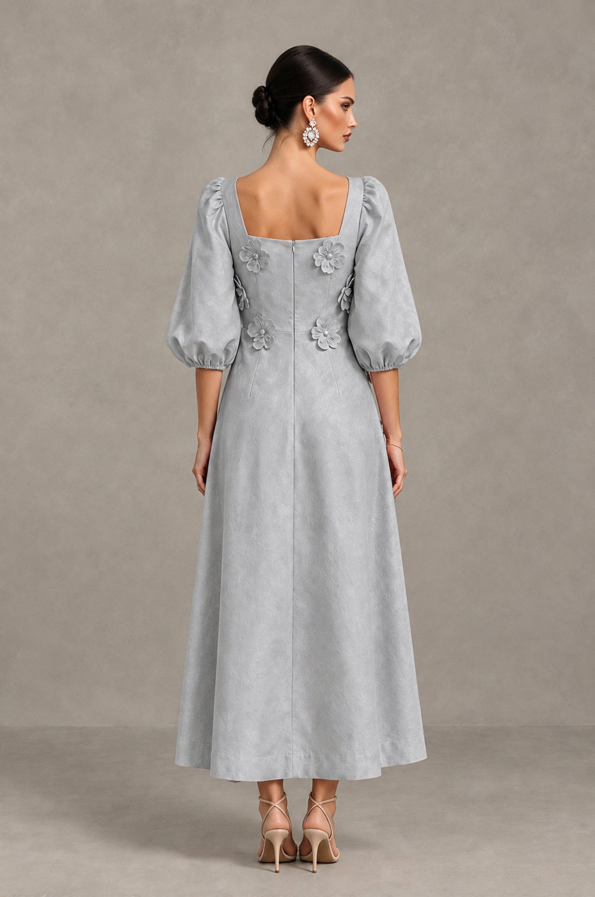 BOLODOO Silver 3D Floral Puff Sleeve Midi Cocktail Dress - Silver - Silver_2