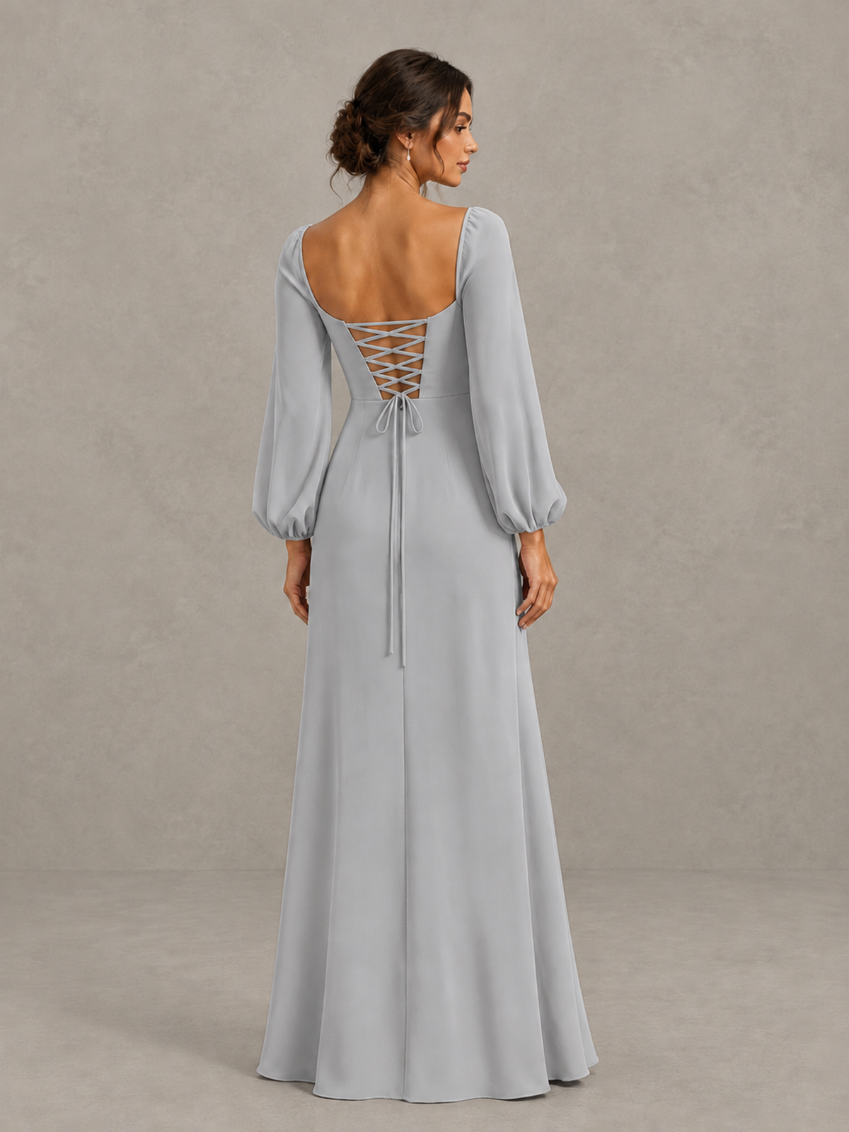 BOLODOO Silver Square Neck Long Sleeve Bridesmaid Dress with High Slit - Silver - Silver_2