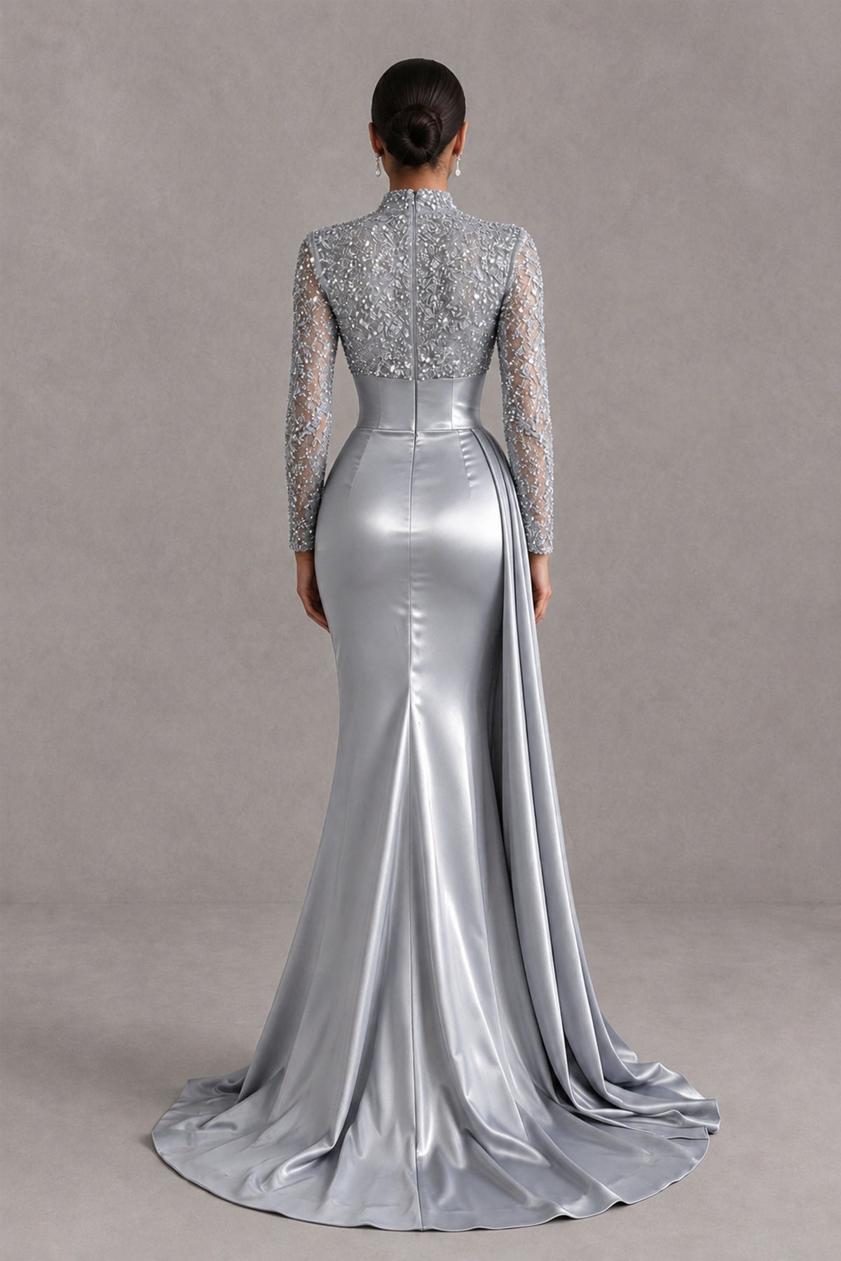 BOLODOO Silver Long Sleeve Embellished Satin Mermaid Evening Gown - Silver - Silver_2