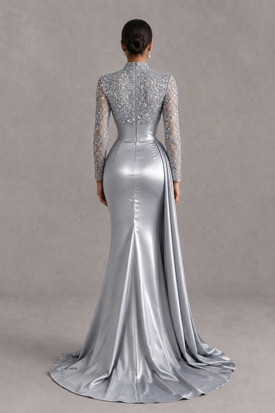 BOLODOO Silver Long Sleeve Embellished Satin Mermaid Evening Gown - Silver - Silver_2