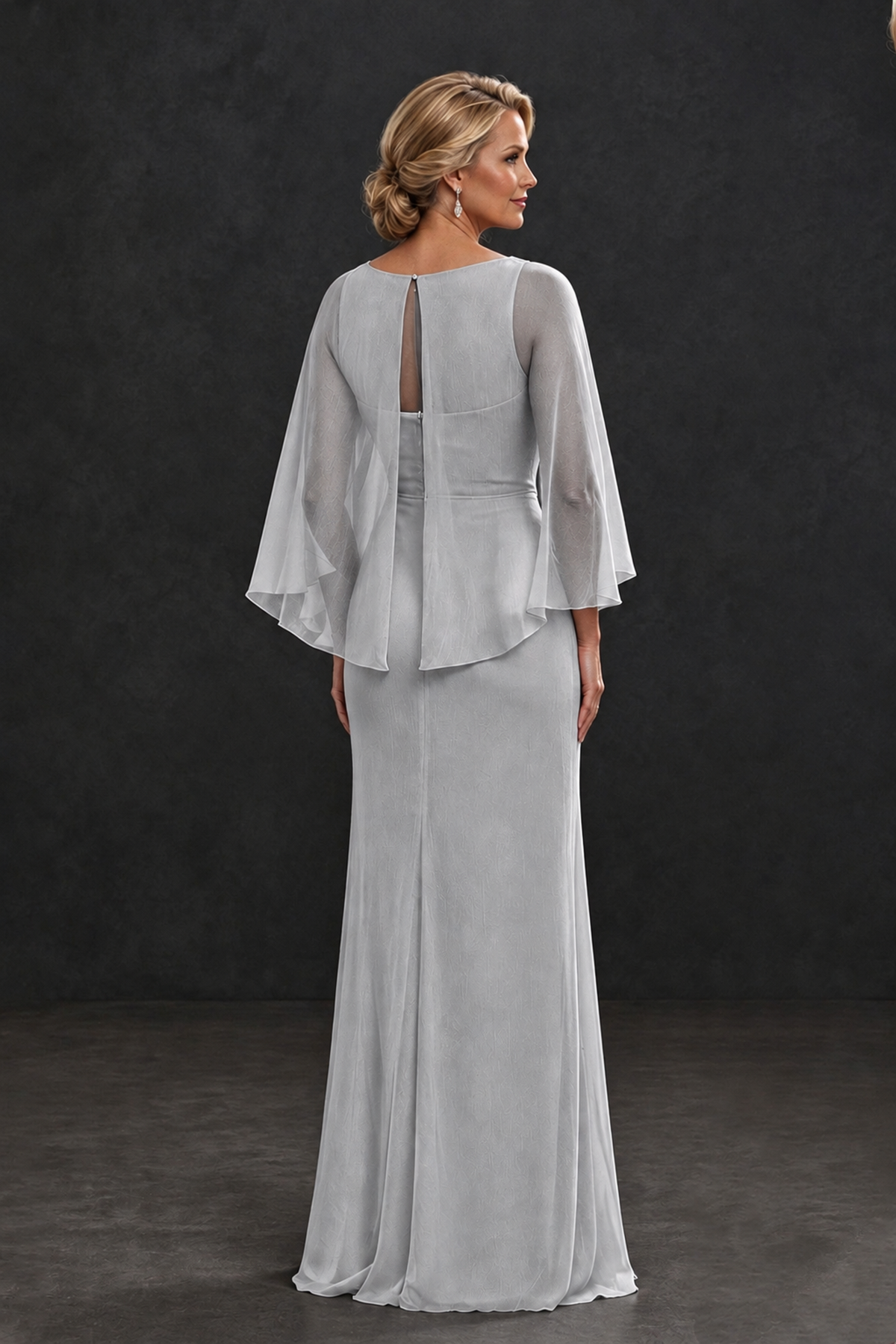 BOLODOO Silver Cape Sleeve Mother of the Bride Dress with Ruched Waist - Silver - Silver_2