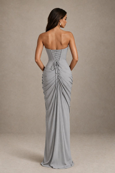 BOLODOO Strapless Draped Maxi Dress - Silver Backless Evening Gown with High Slit - Silver - Silver_2