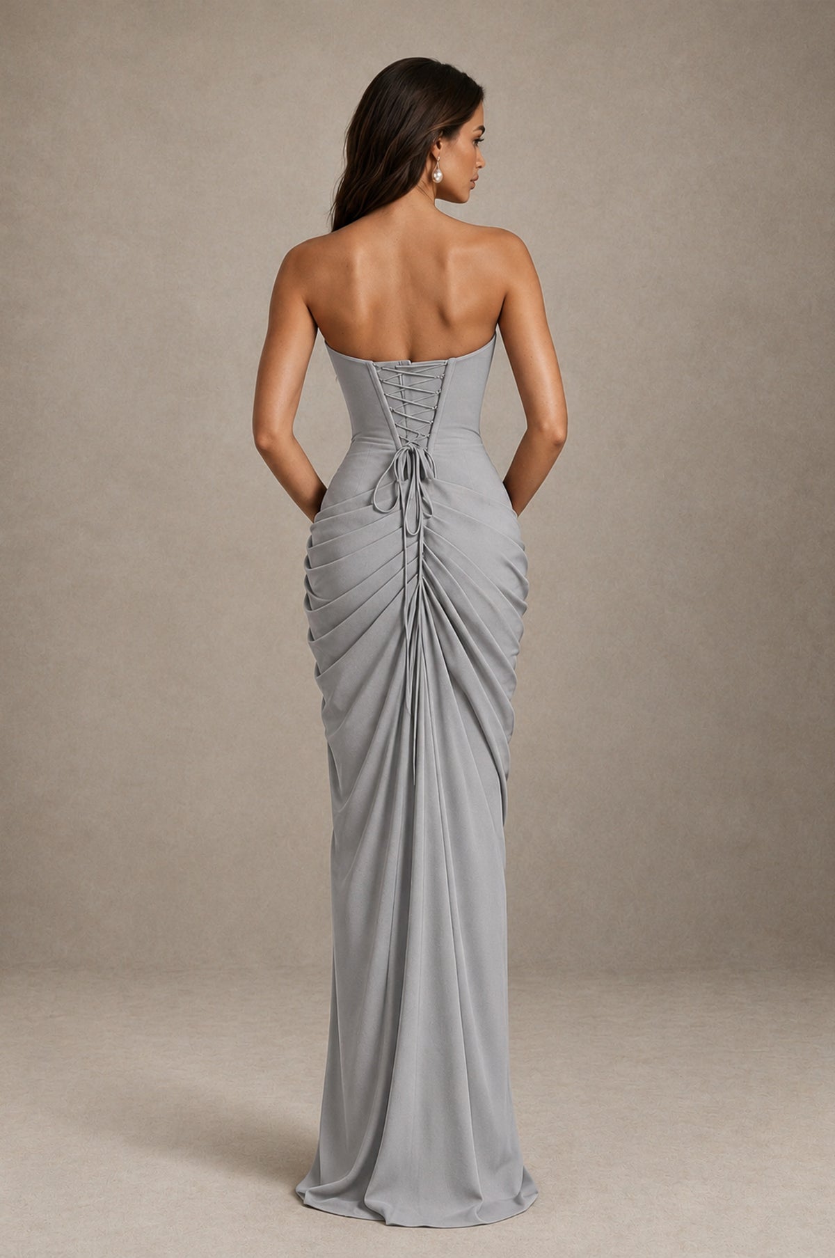 BOLODOO Strapless Draped Maxi Dress - Silver Backless Evening Gown with High Slit - Silver - Silver_2