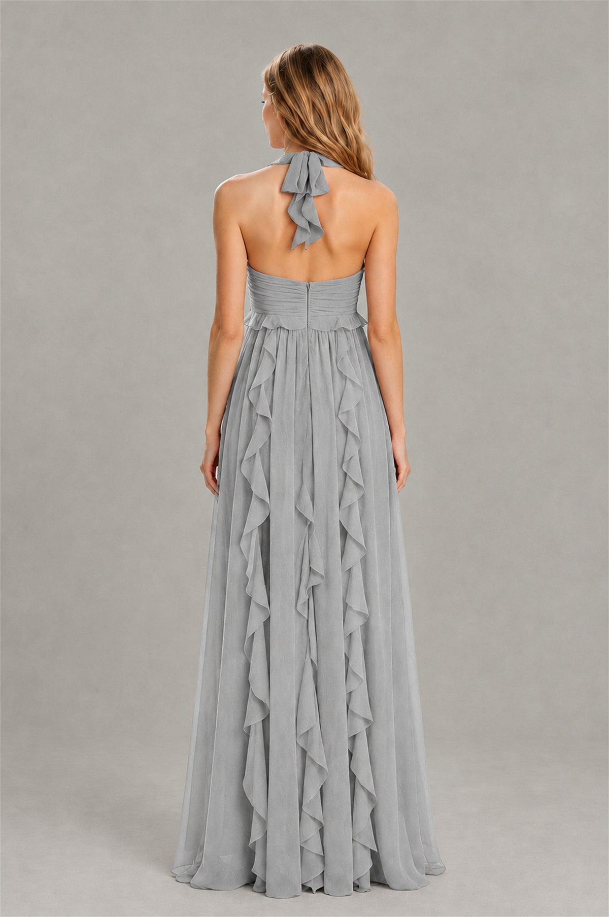 BOLODOO Silver Halter Ruffle A-Line Floor-Length Evening Dress - Silver - Silver_2