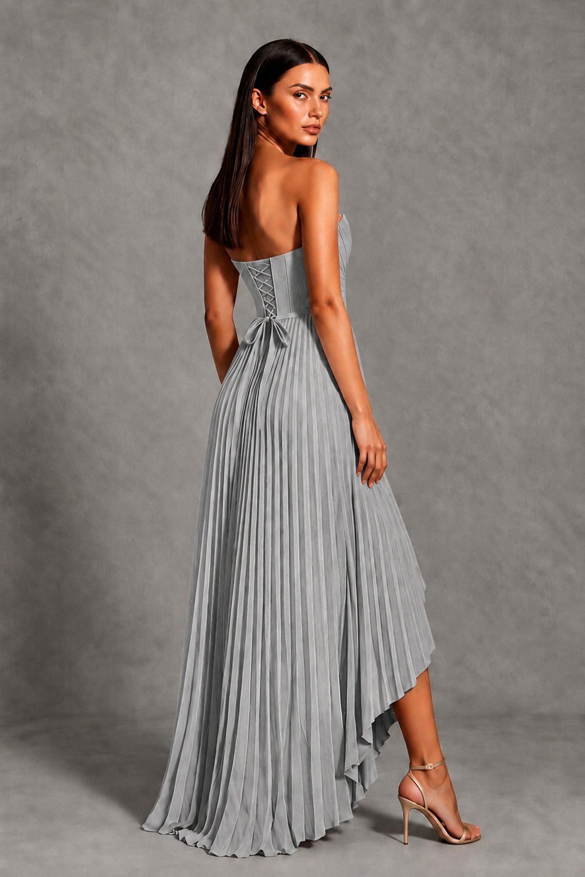 Silver Strapless Pleated High-Low Evening Gown with Ruffle Hem - Silver - Silver_2