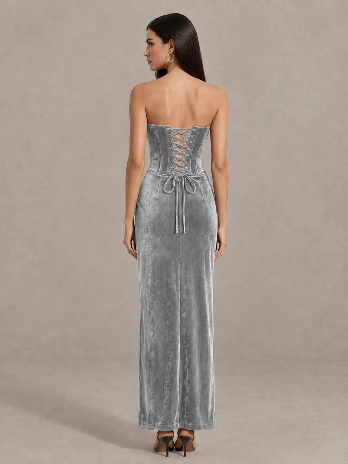 BOLODOO Silver Strapless Velvet Cocktail Maxi Dress - Silver - Silver_2