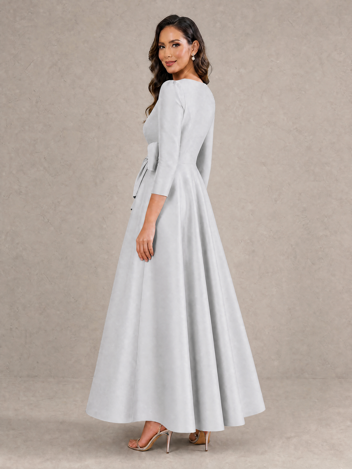BOLODOO Silver Satin Deep V-Neck Wrap 3/4 Puff Sleeve A-Line Ball Gown Maxi Dress with Oversized Bow Belt - Silver