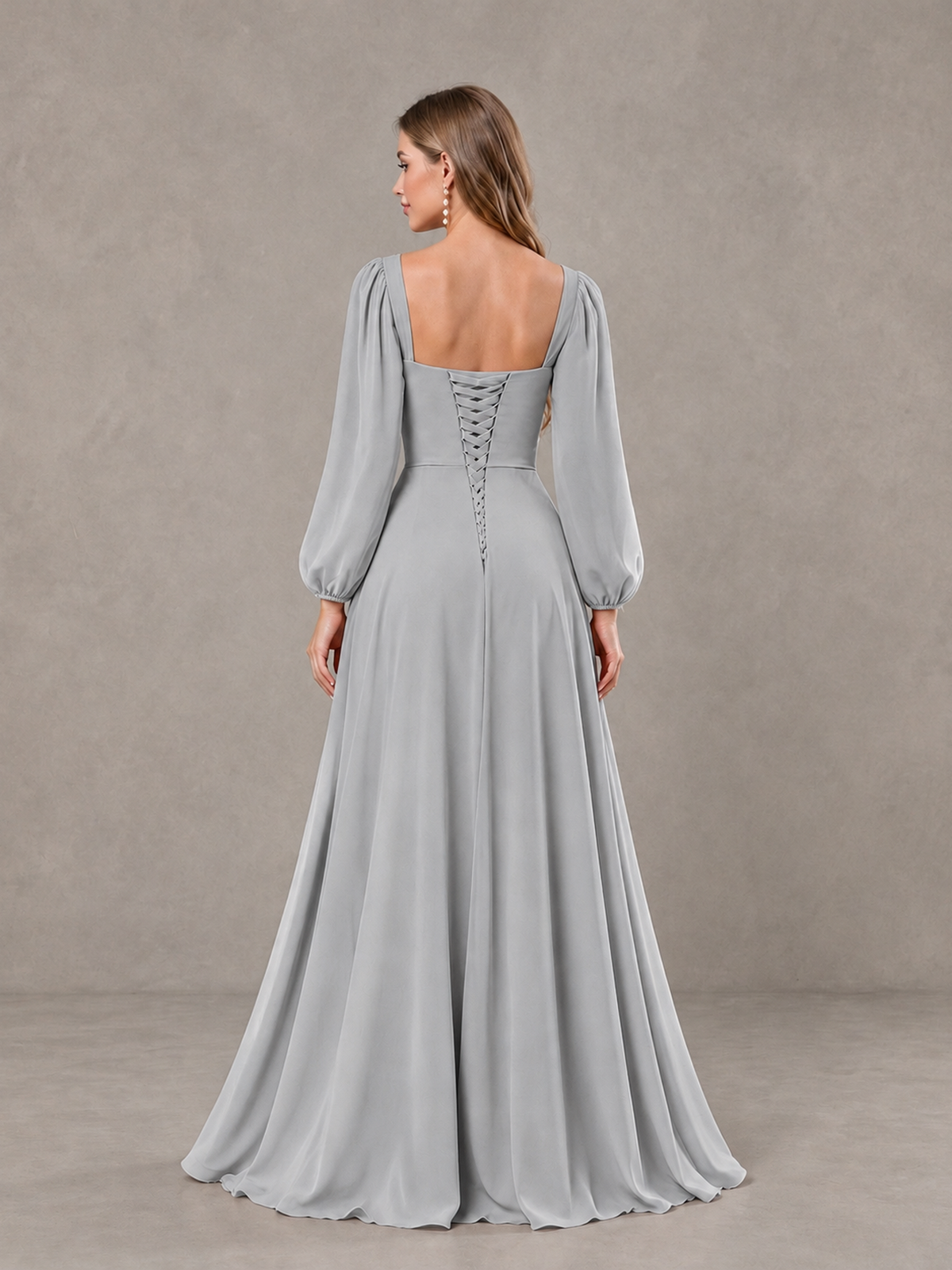 BOLODOO Silver Square Neck Long Sleeve Bridesmaid Dress with Ruffle Slit - Silver - Silver_2