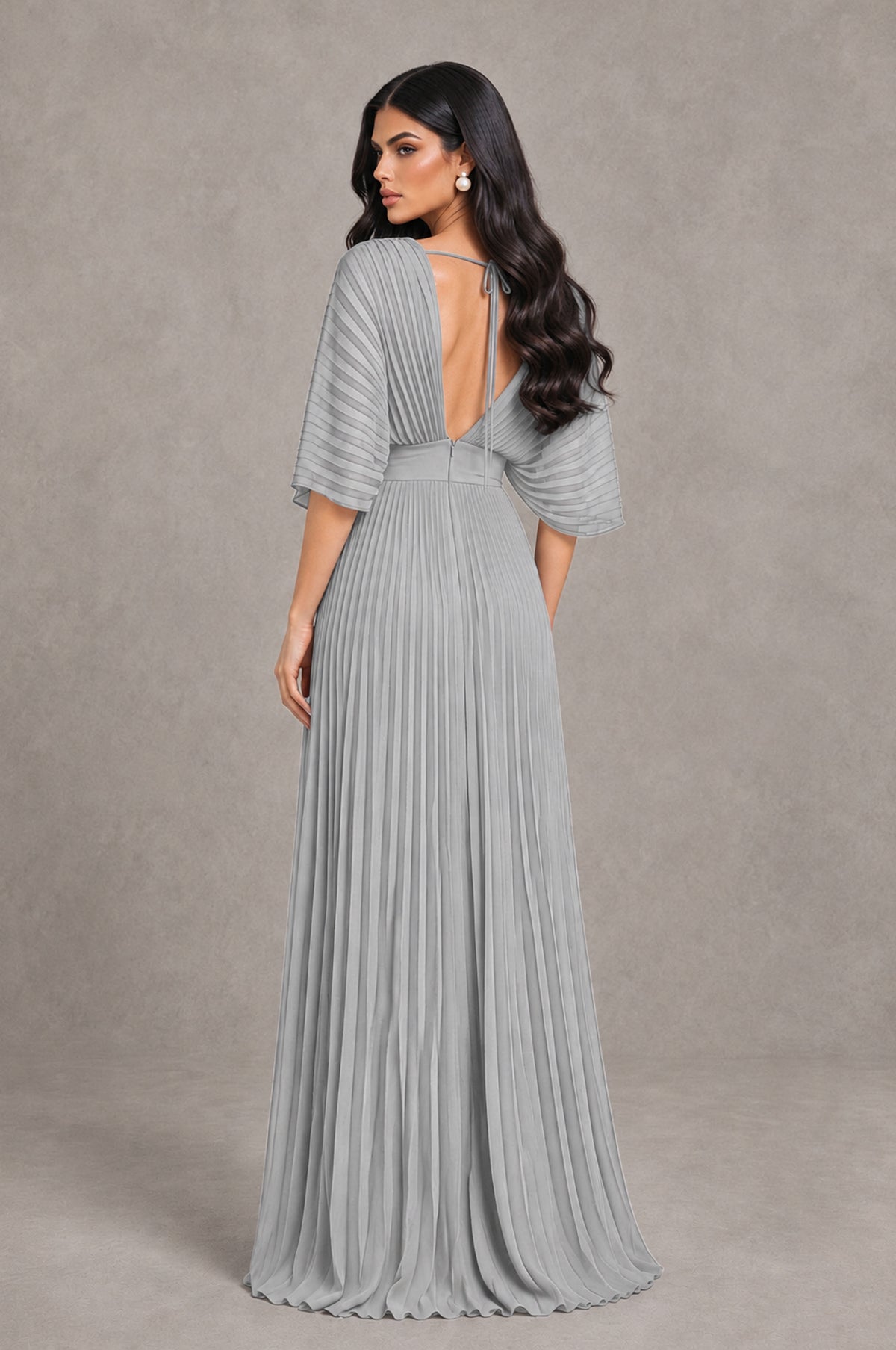BOLODOO Silver V-Neck Pleated Flutter Sleeve Formal Dress - Silver - Silver_2