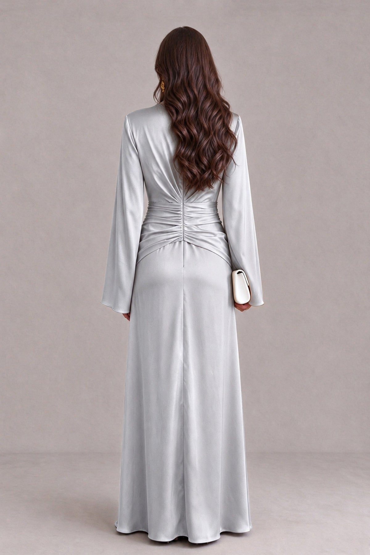 BOLODOO Silver Yellow Satin-Look V-Neck Long Bell Sleeve Evening Dress - Silver - Silver_2