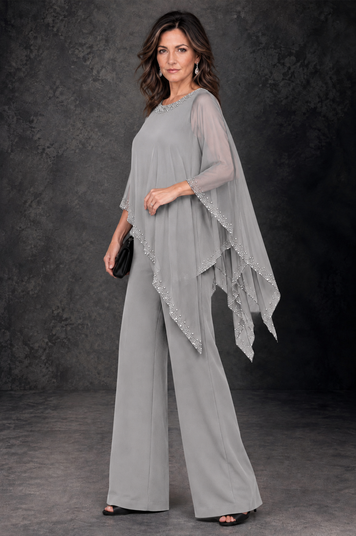 BOLODOO Silver Embellished Cape Mother of the Bride Pantsuit - Silver - Silver_2