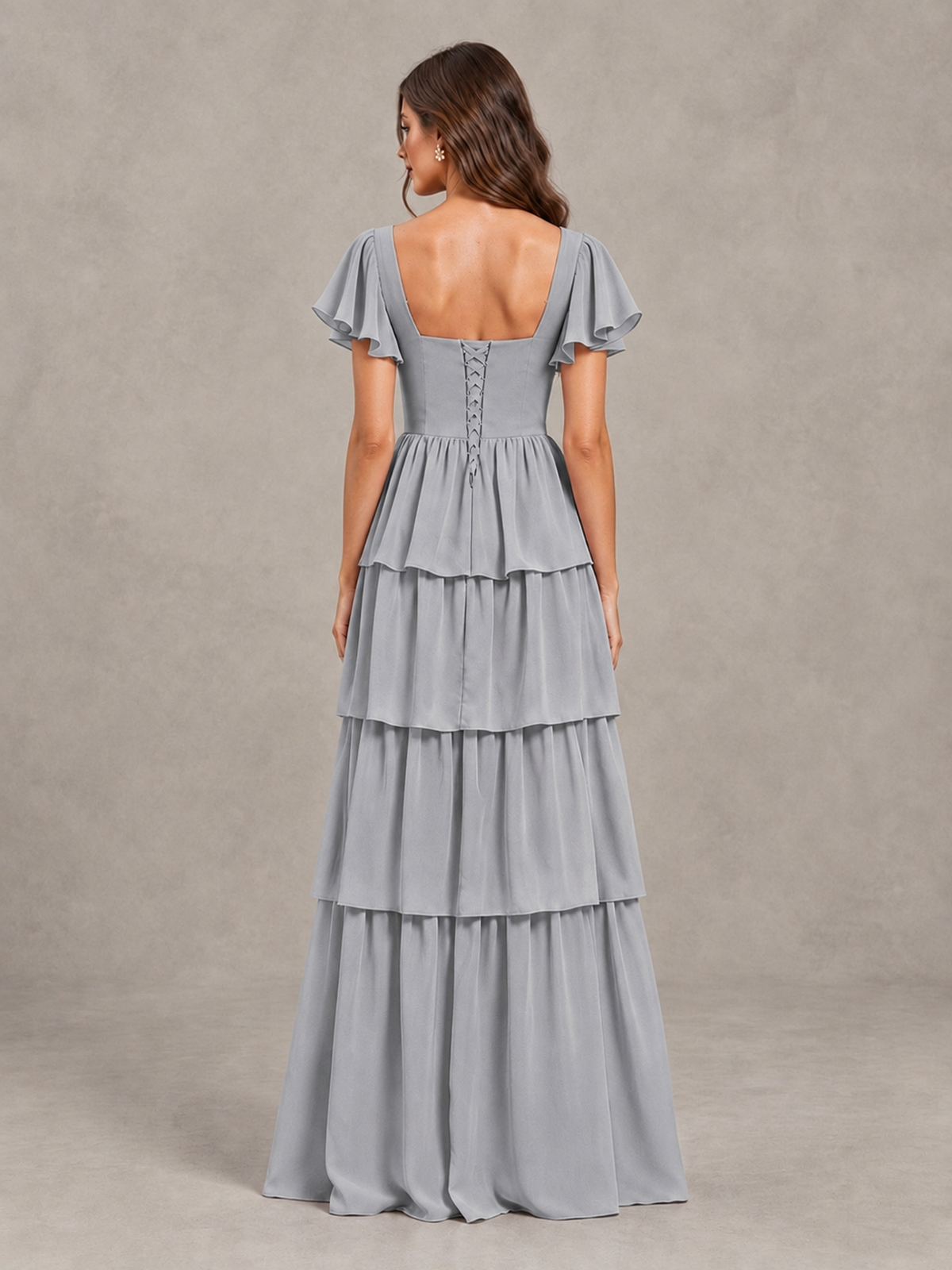 BOLODOO Silver Flutter Sleeve Tiered Maxi Bridesmaid Dress - Silver - Silver_2