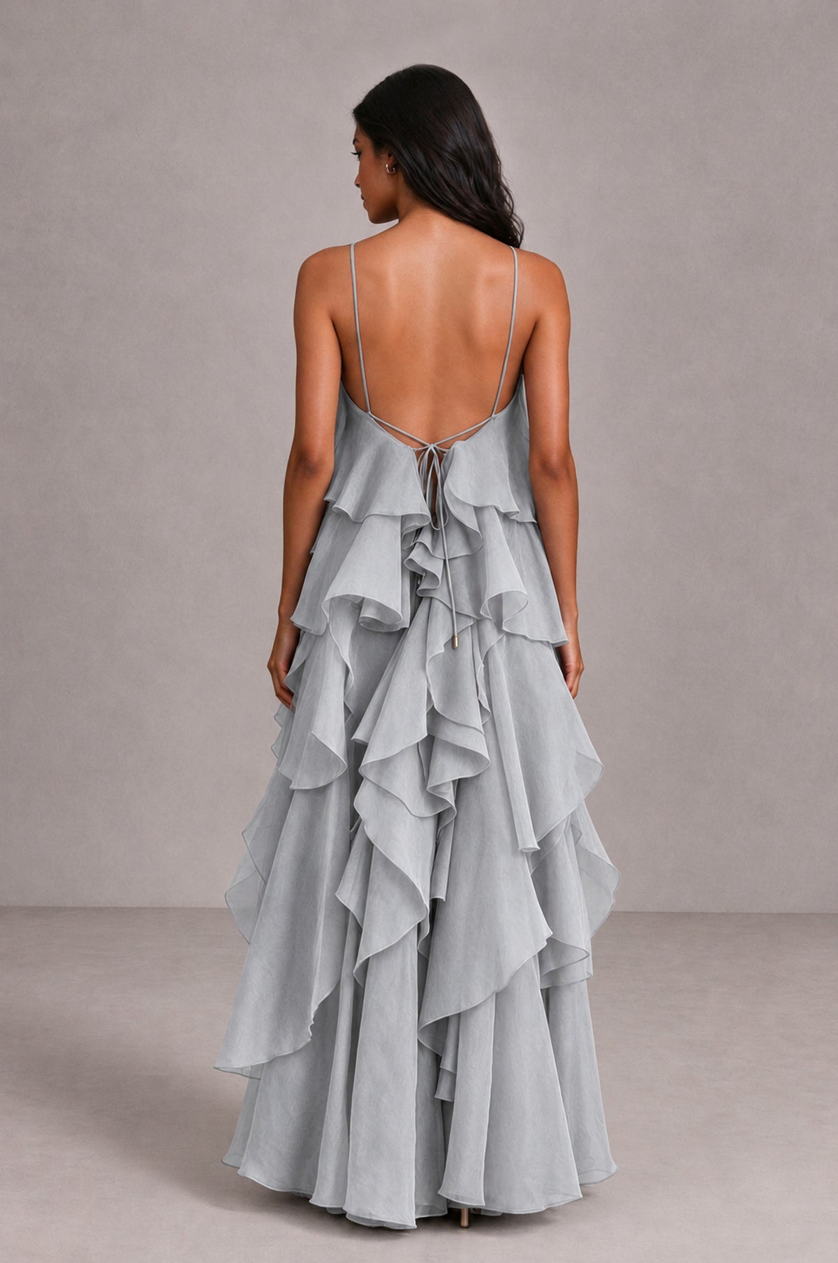 BOLODOO Silver Cascading Ruffle Rosette Open-Back Maxi Dress - Silver - Silver_2