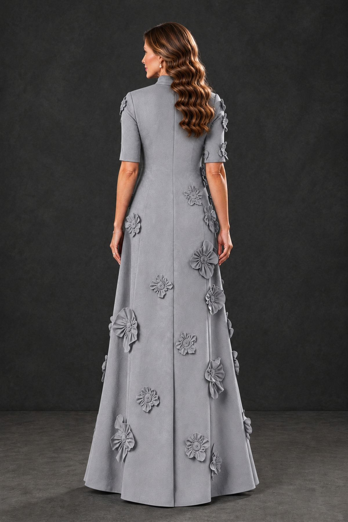 BOLODOO Silver Floral Applique High-Neck Half-Sleeve Gown - Silver - Silver_2