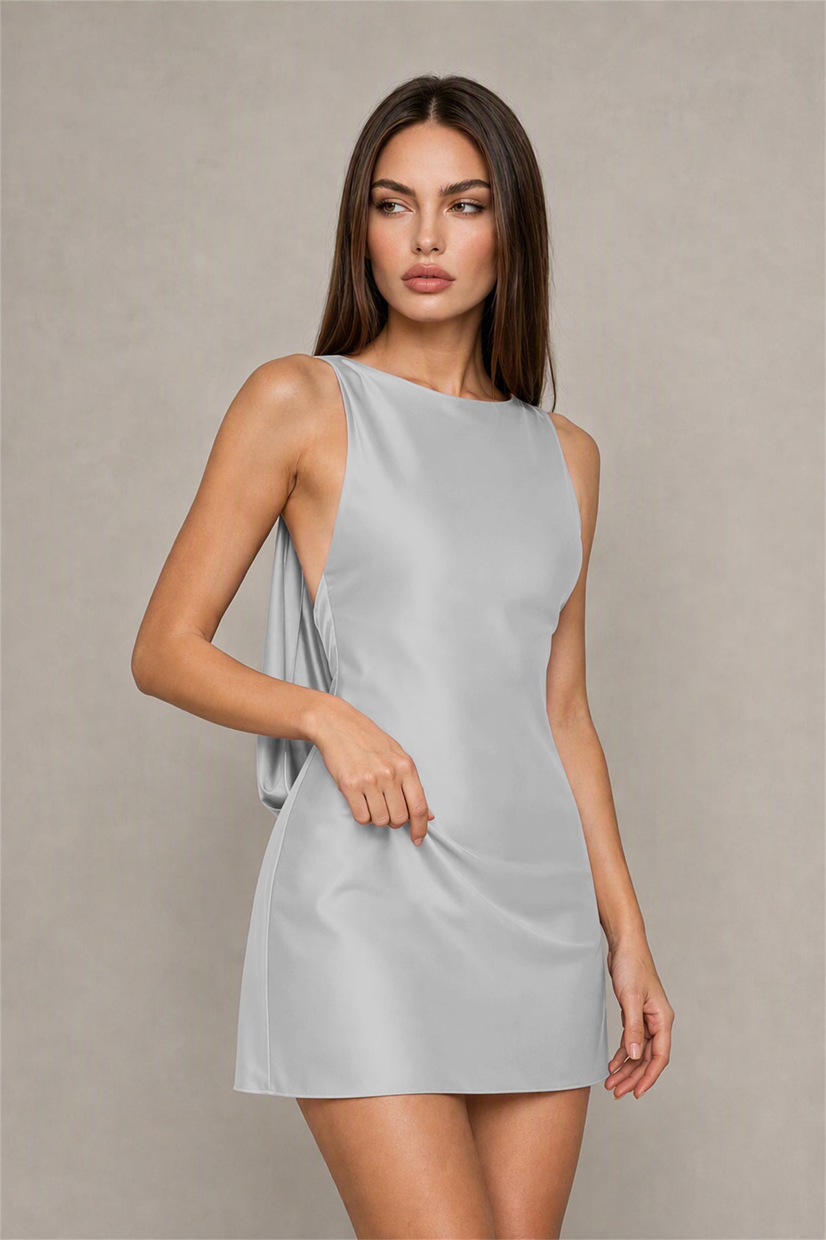 BOLODOO Silver Satin Bateau Neck Cowl Open Back Pearl Chain Mini Dress | Cocktail Party Date Night Dress - Silver