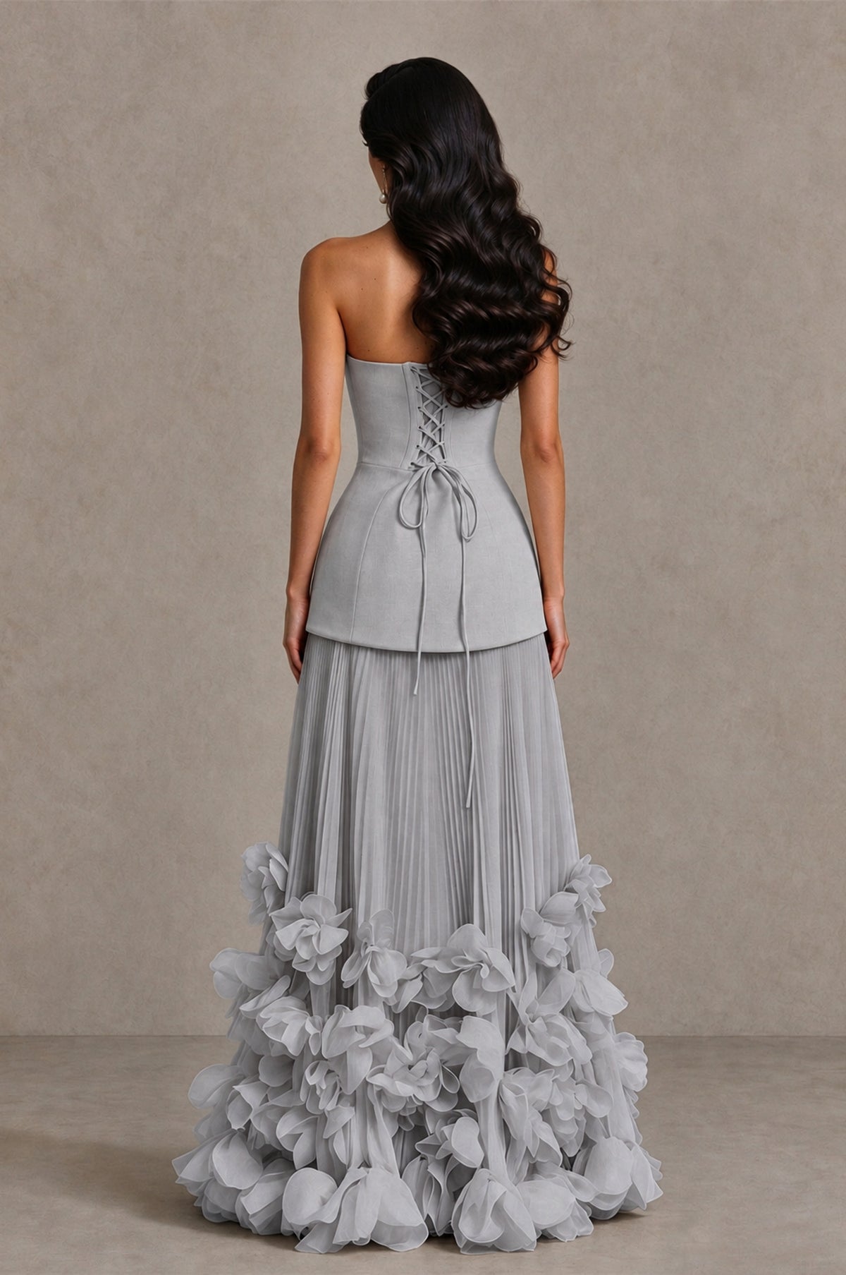 BOLODOO Silver Strapless Pleated Floral Hem Evening Gown - Silver - Silver_2