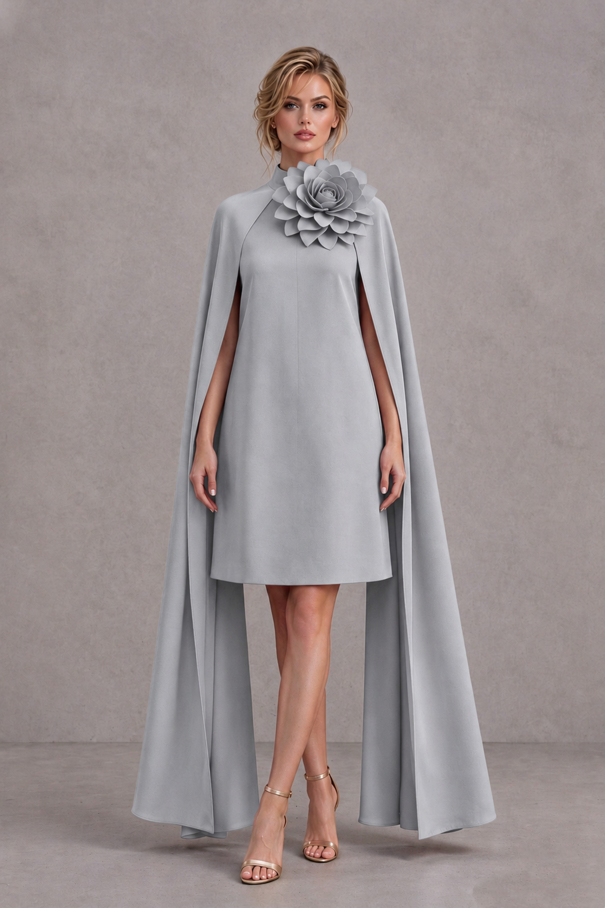 BOLODOO Silver High Neck Floral Cape Mini Cocktail Dress - Silver - Silver_2