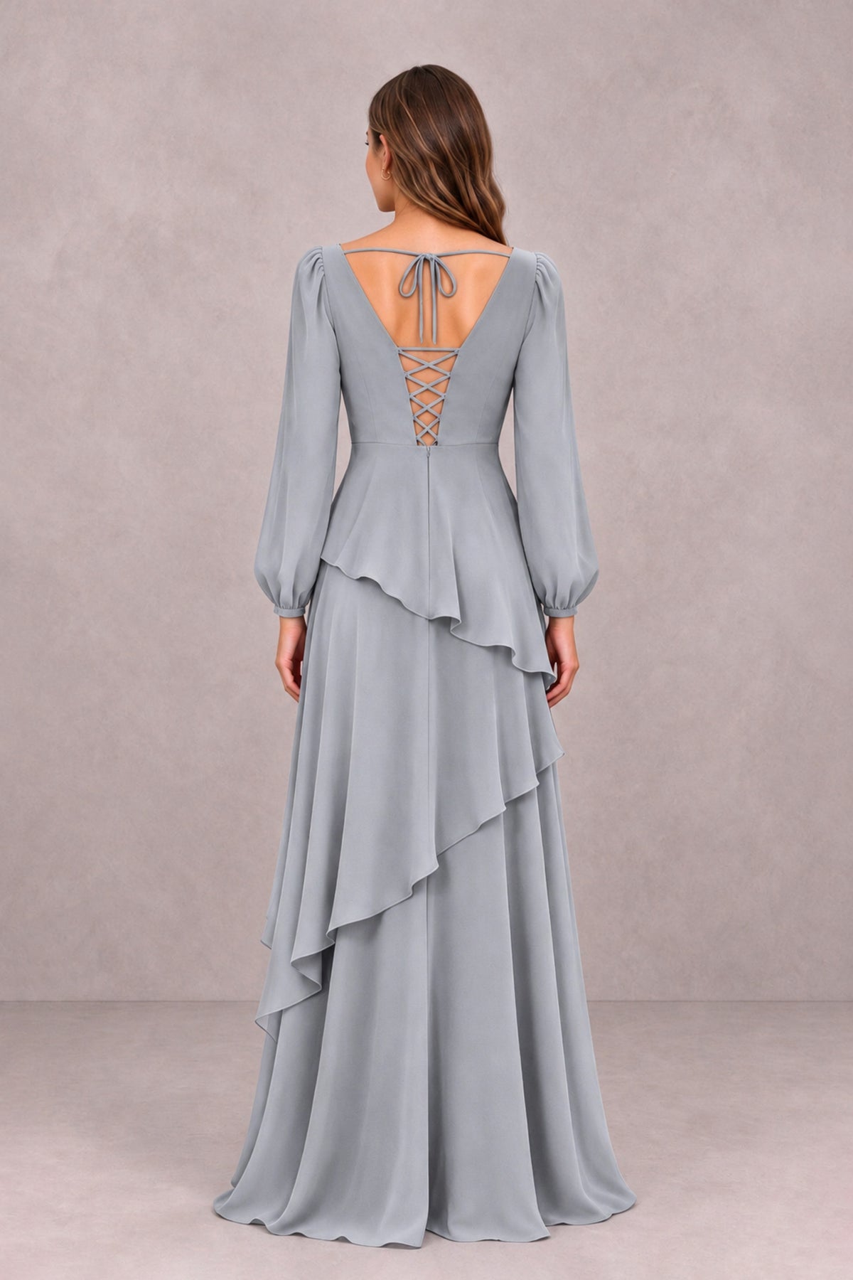BOLODOO Silver Long Sleeve Ruffle Bridesmaid Dresses - Silver - Silver_2