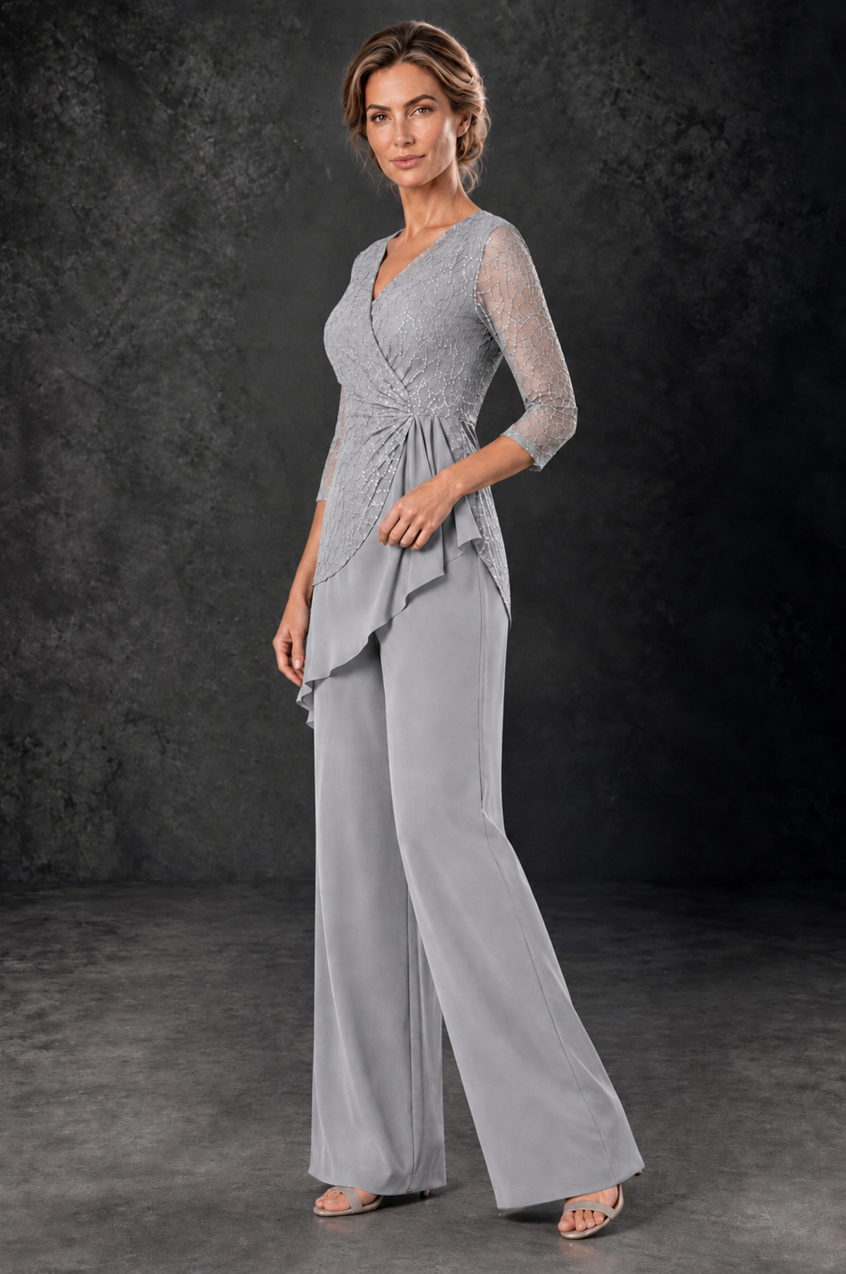 BOLODOO Silver Sequin Lace 3/4 Sleeve Chiffon Mother of the Bride Pant Suit - Silver - Silver_2