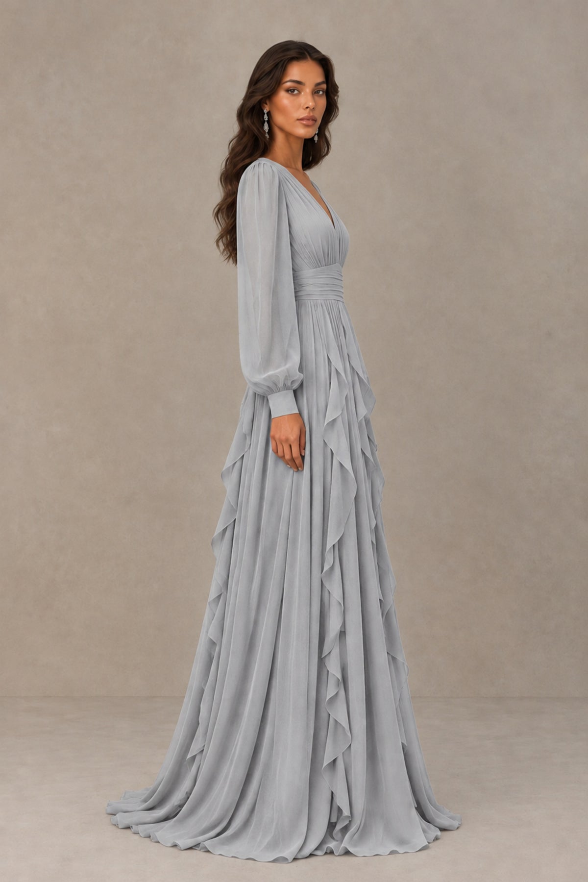 BOLODOO Silver Long Sleeve V-Neck Ruffle Maxi Dress - Silver