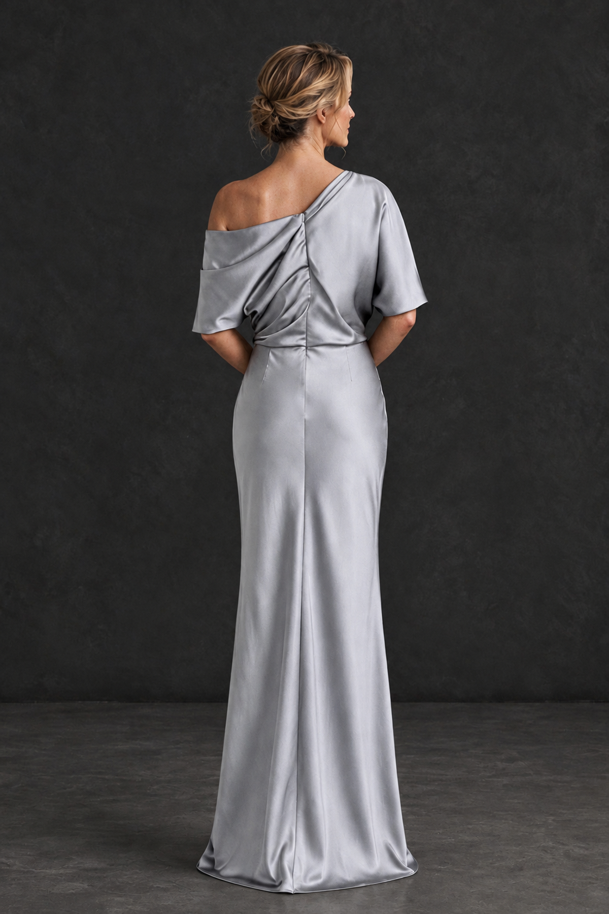 BOLODOO Silver Satin Asymmetric Mother of the Bride Dress - Silver - Silver_2